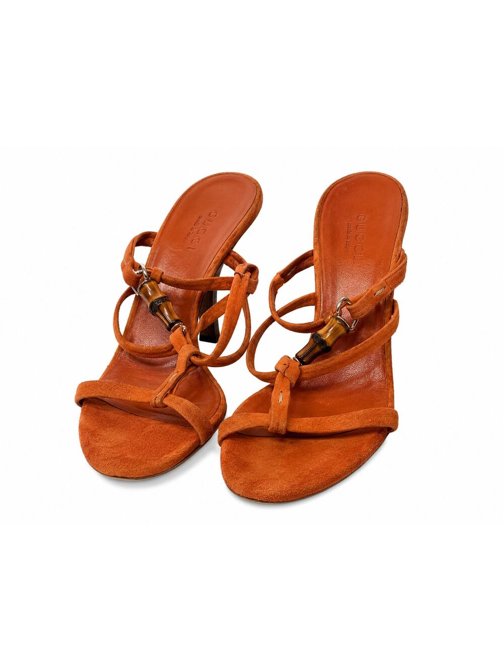 Vintage Gucci Bamboo Accent Suede Strappy Heeled Sandals Orange Rust 35.5